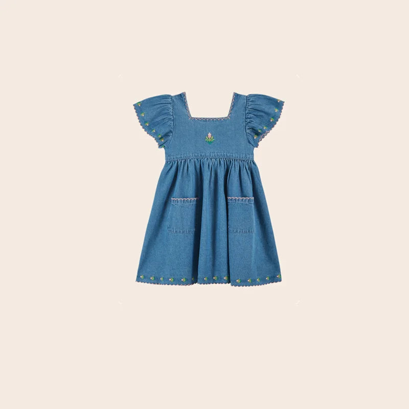 2026 SS Summer Embroidered flowers Girl Denim Dress EM Pleated Kids Short Sleeve Princess Dresses Clothes
