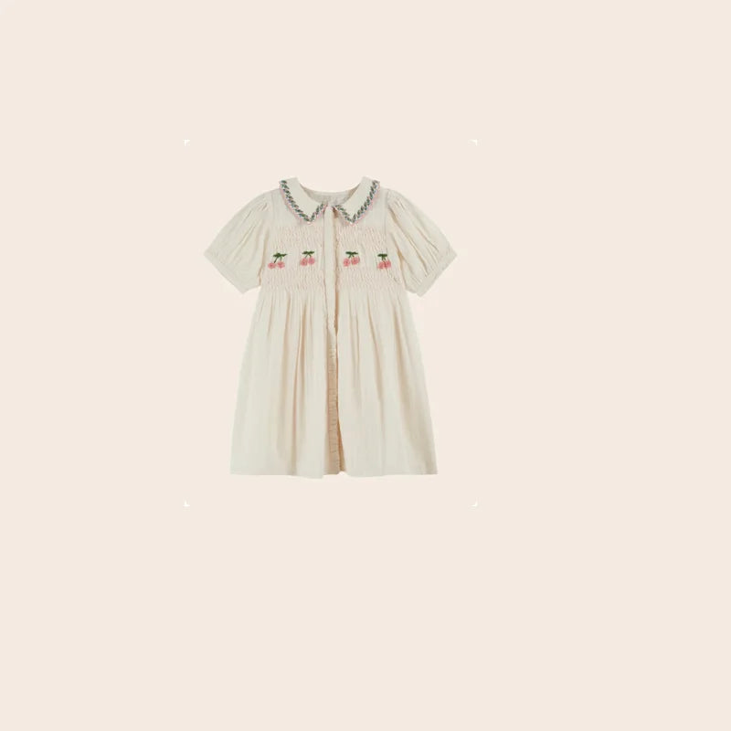 2026 SS Summer Embroidered flowers Girl Denim Dress EM Pleated Kids Short Sleeve Princess Dresses Clothes