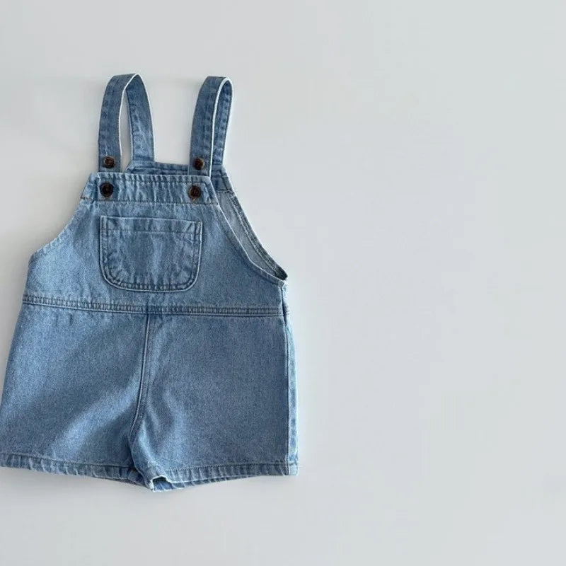 Korean Children Denim Jumpsuits 2025 Summer Boys Jeans Suspenders Shorts Baby Girls Casual Cotton Strap Pocket Overalls for Kids